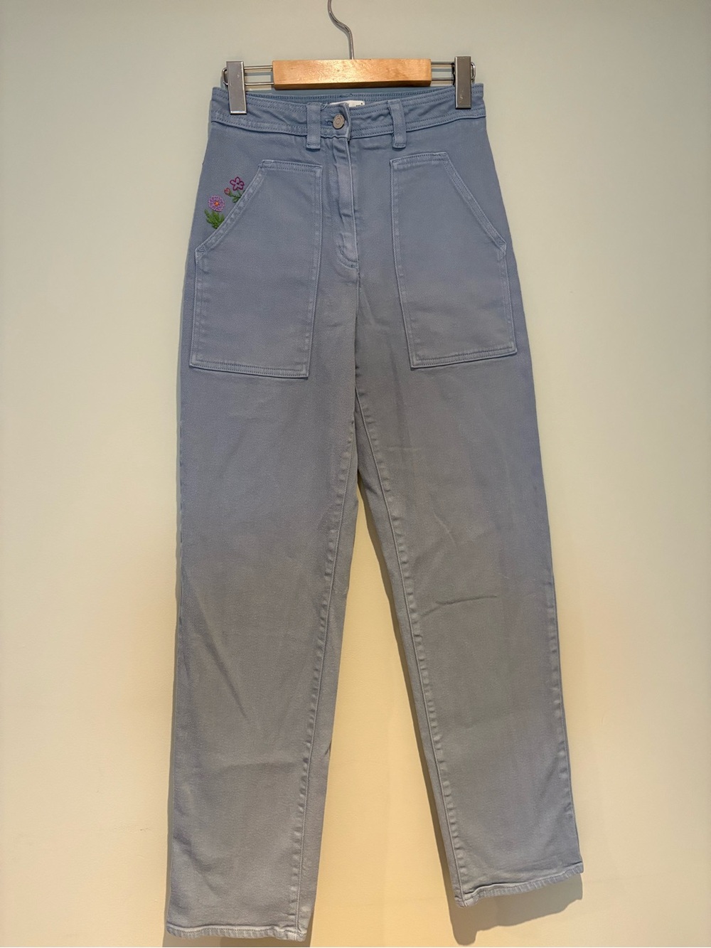 Wilfred Light Blue High-Rise Patch Pocket Pants with Floral Detail